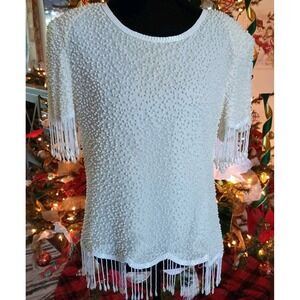 Laurence Kazar New York‎ 100% Silk Pearl Beaded Fringe Top Size PM Evening Party
